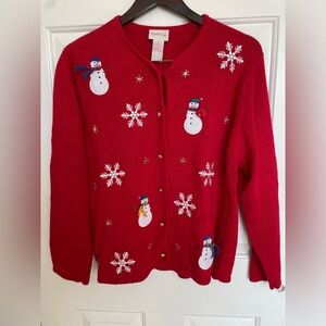 Crystal Kobe Women's Medium‎ Red Embroidered Snowmen  Button Up Cardigan Women’s